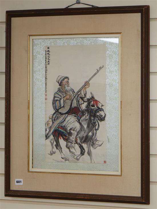 Chinese School, watercolour on paper, Mongolian sitar player on horseback, 44 x 24cm and a plant study, 43 x 34cm